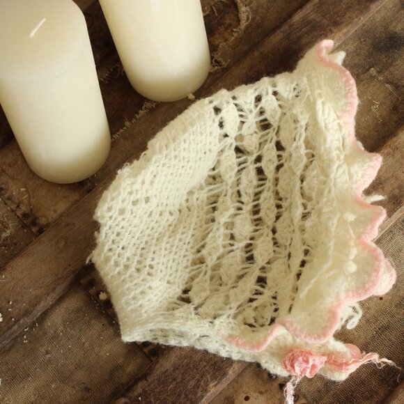 Vintage 1950s Baby Sweater and Bonnet, Ivory and Pink Knit Or Crochet Cardigan - Picture 8 of 10
